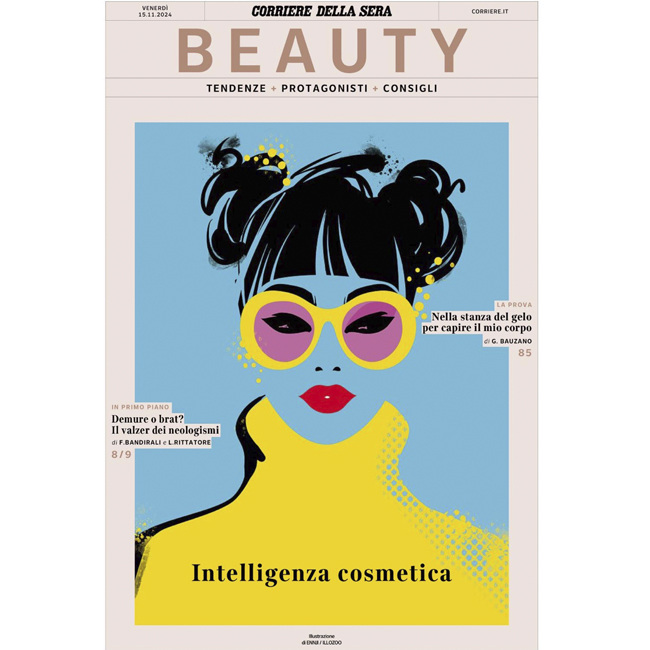 Beauty magazine cover art featuring a stylized woman with a yellow turtleneck, bold makeup, and sunglasses on a light blue background.