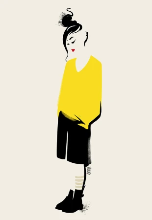 Illustration of a woman with a top-knot, wearing a yellow sweater, black shorts, and black boots on an off-white background.