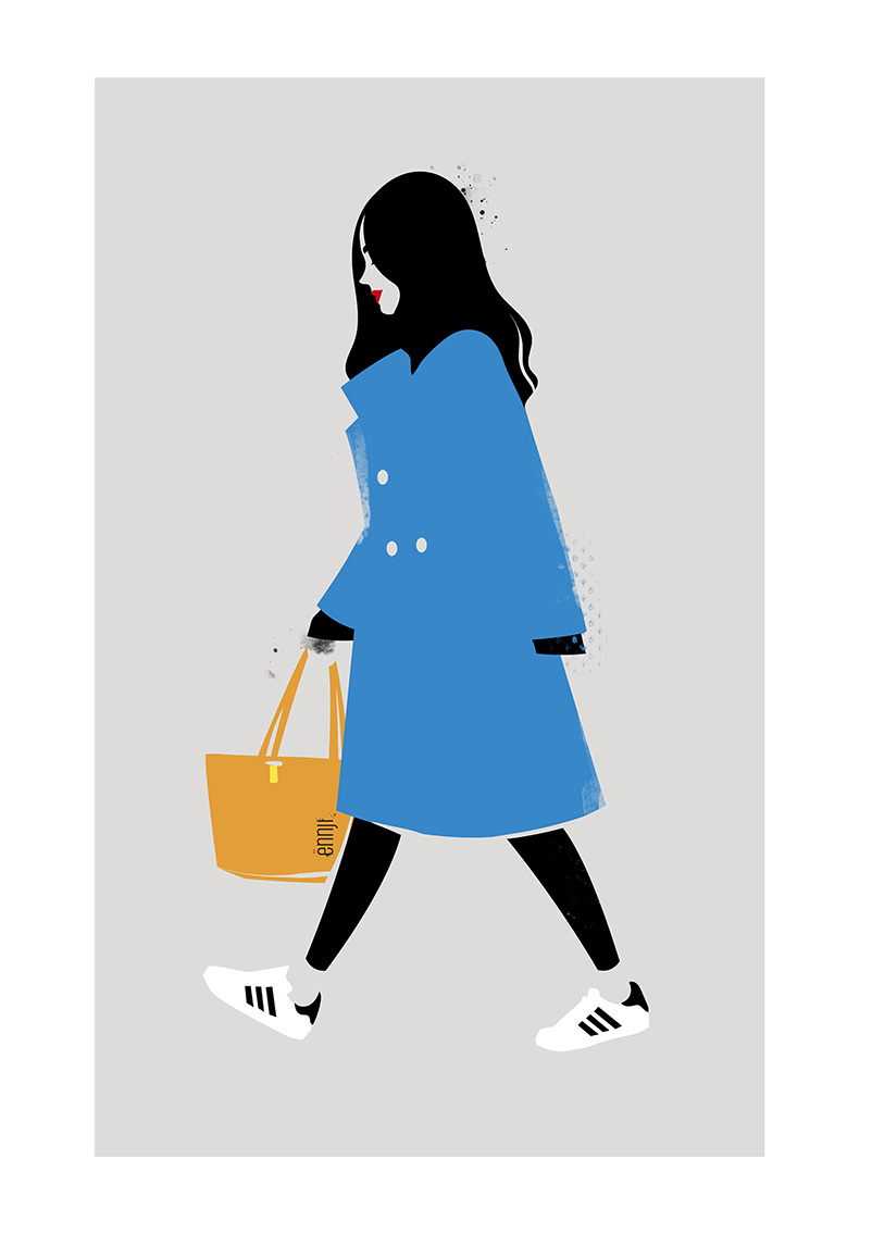 Illustration of a woman in blue coat walking with an orange tote bag, black leggings, and sneakers on a gray background.