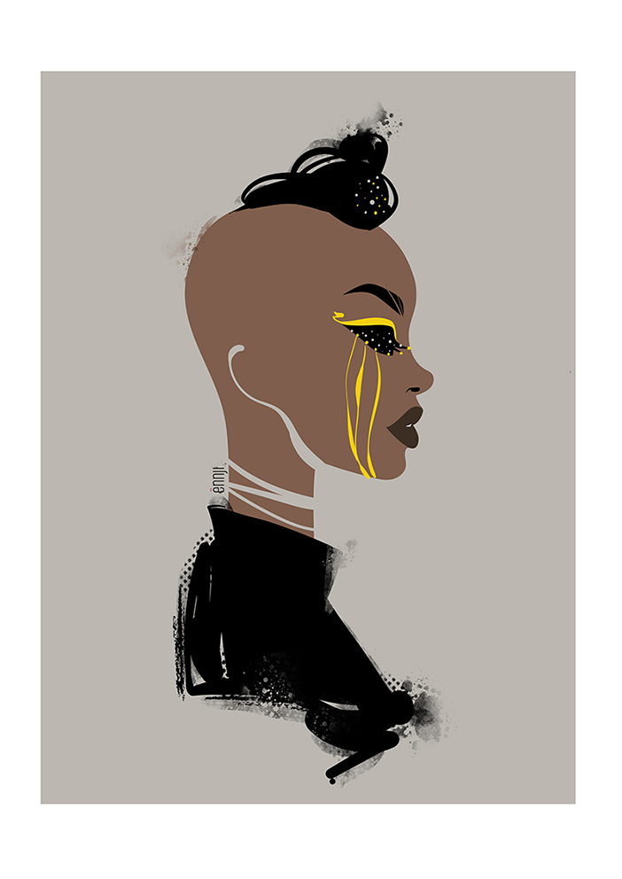 Illustration of a woman with a shaved head and stylish updo, accentuated with yellow graphic makeup and a sleek black top. Against a neutral background.