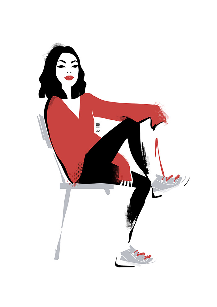 Illustration of a seated adult woman in a red sweater, black pants, and sneakers, set against a white background.