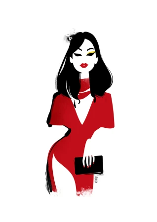 Fashion illustration of a stylized woman in a bold red dress holding a black clutch against a white background.