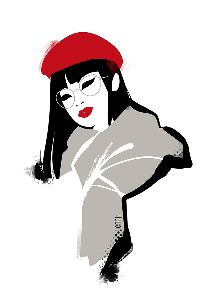 Illustration of a woman with black hair and wearing a red beret and glasses, looking down with a neutral expression on a white background.