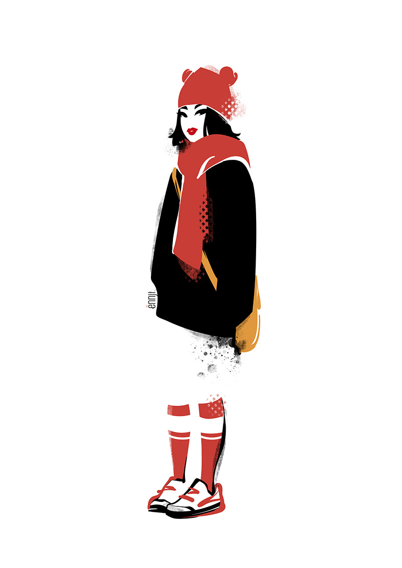 Illustration of a stylish young woman with bob haircut, wearing a red knit hat, scarf, black coat, red socks, sneakers, and shoulder bag.