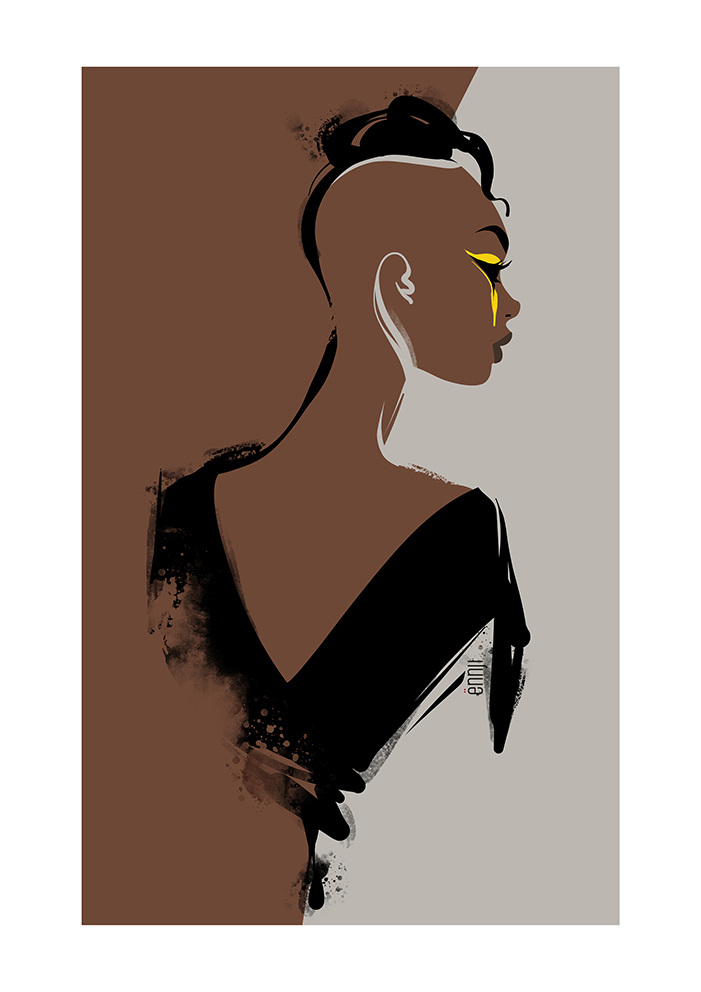 Illustration of a stylish woman with a shaved head and dramatic gold eye makeup, set against a split brown and grey background.