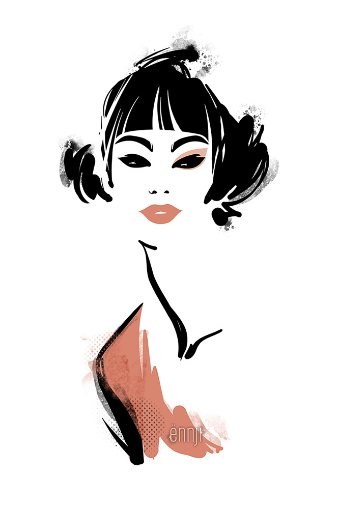 Illustration of a woman with black hair and a coral top against a white background, created with artistic brushstrokes and textures.