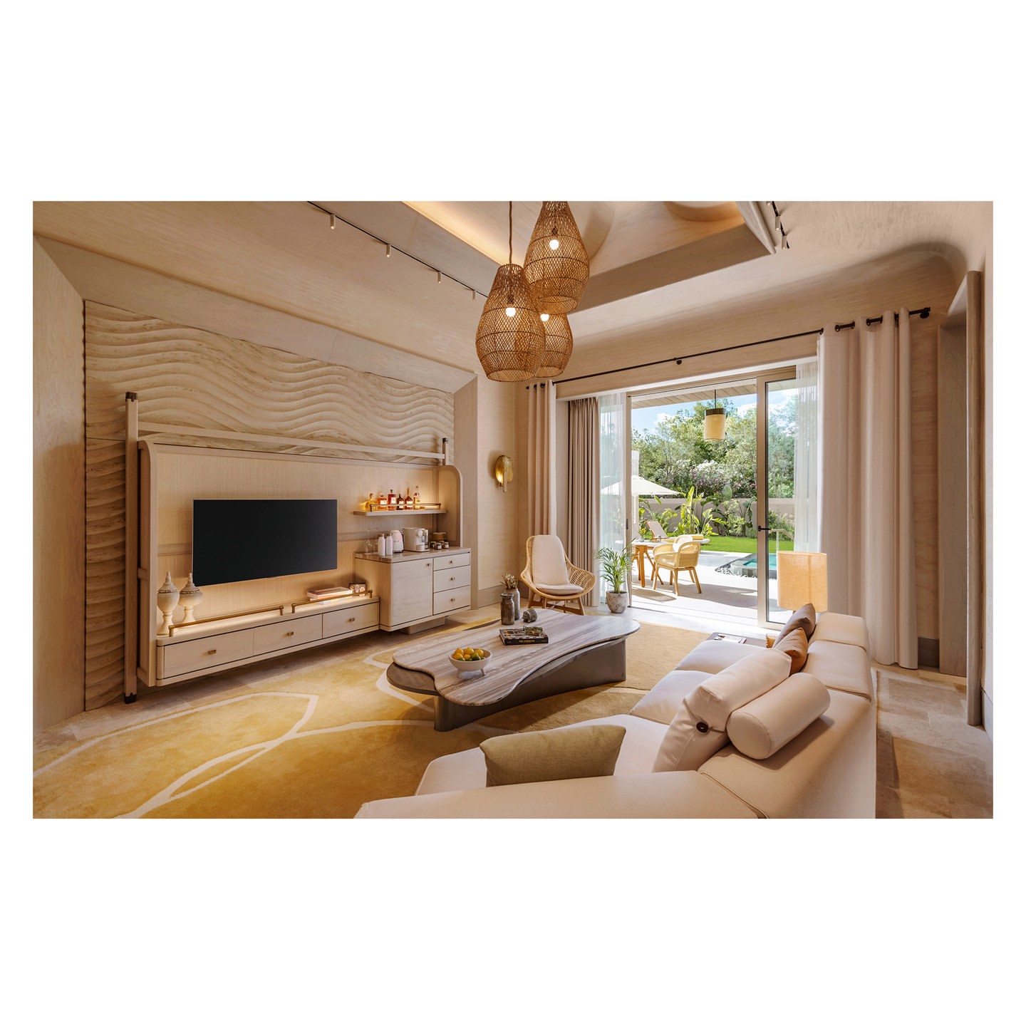 Living room features a white sofa, uniquely shaped marble table, modern TV console, and natural fibre pendant lights, creating a cosy atmosphere.