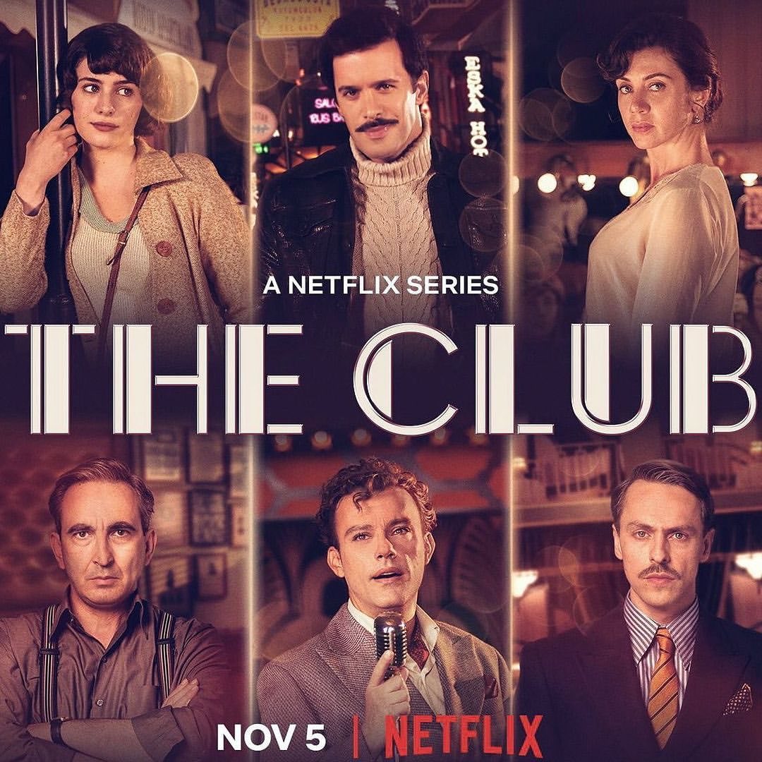 Promotional poster for Netflix series The Club features six cast members in vintage attire, set against a bokeh-lit backdrop.