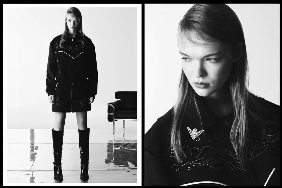 Monochrome fashion shot of a woman in a black jacket and boots standing in front of a chair and a glossy background, split with a close-up.