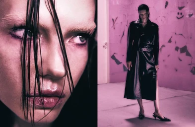 Split view showing a close-up of a model's wet-look hair and eyes, and a full-body shot in a black leather trench coat.