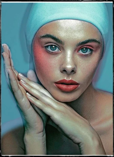 Close-up of a woman with red lipstick and a light blue head covering posing in a photo studio with soft lighting.