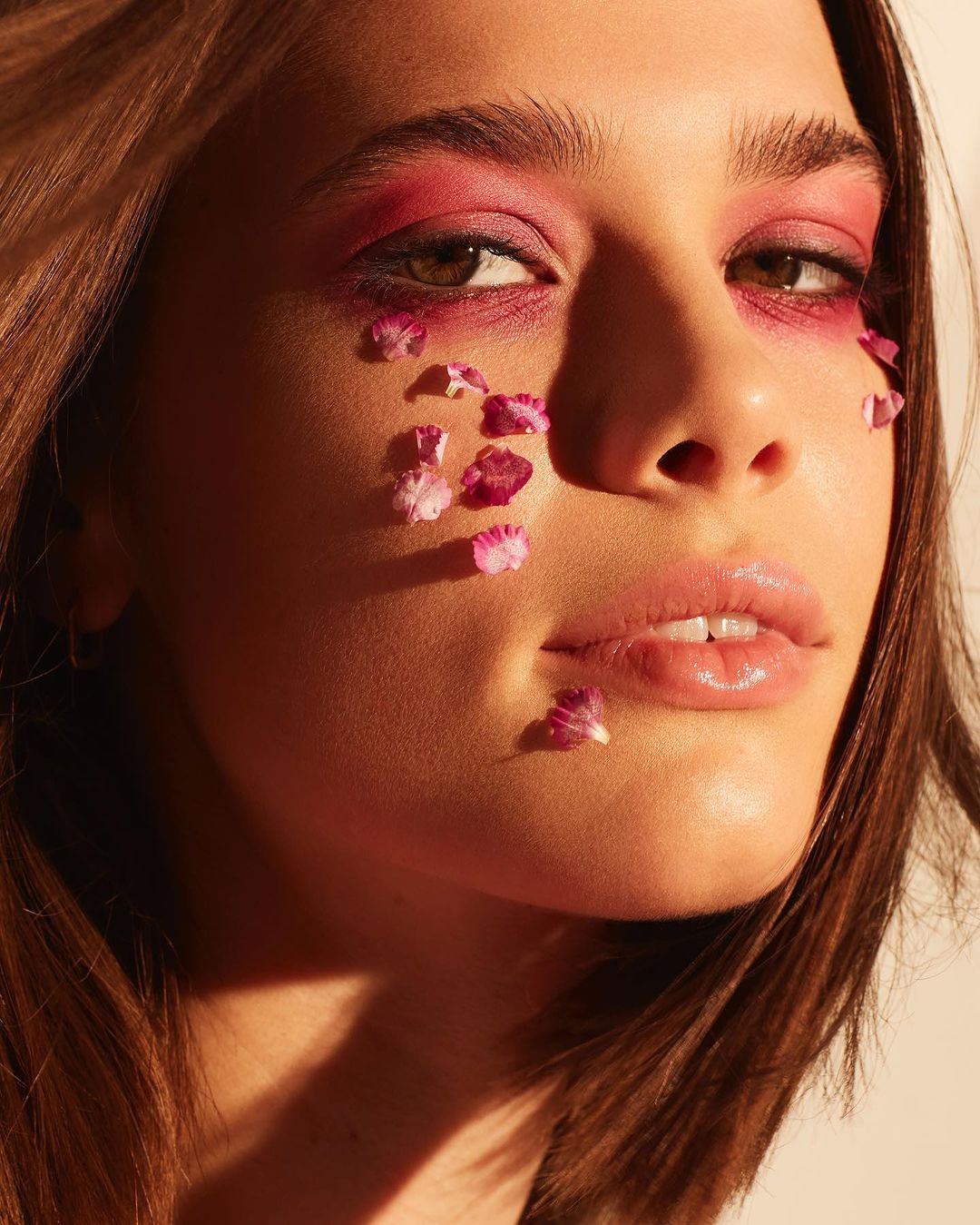 Close-up beauty portrait of a woman with brown hair and pink makeup, adorned with pink flower petals on her face, illuminated by soft lighting.