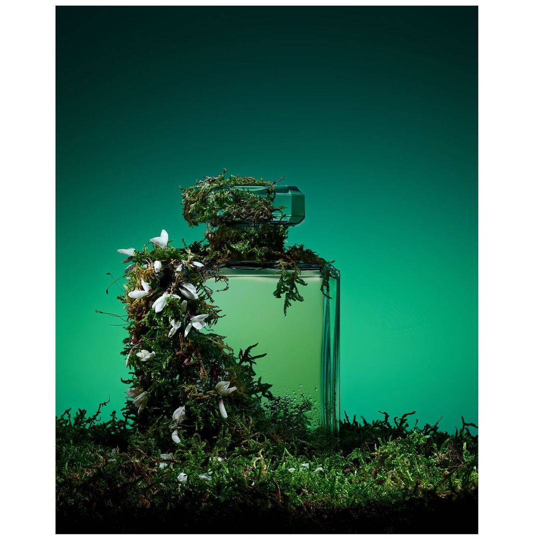 A glass perfume bottle is adorned with moss and small white flowers against a solid green backdrop in a studio setting.