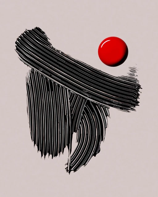 Abstract beauty shot: Swashes of black mascara texture with a vibrant red spot of lipstick against a neutral backdrop.