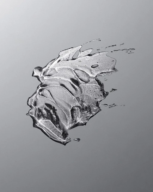 Abstract close-up of a clear gel substance with curved lines and textures on a gray gradient background, product shot, beauty concept.