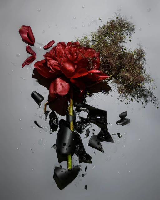 Dramatic still life featuring a red peony, delicate sprigs, and shattered black vase fragments against a reflective gray surface.