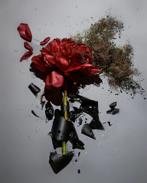 Still life of a dark red peony with water droplets, shattered vase pieces, and sprigs, creating a visually striking floral arrangement.