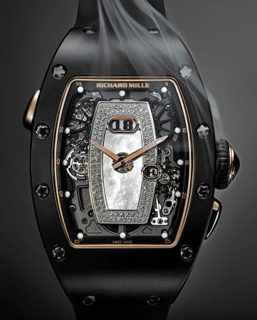 Luxury black and rose gold Richard Mille wristwatch featuring an intricate diamond and pearl face, set against a dark gray background with wisps of smoke.