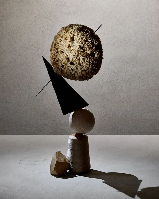 Abstract still life of stacked geometric shapes, including a sea sponge, black triangle, and wooden sphere, set against a gray background.