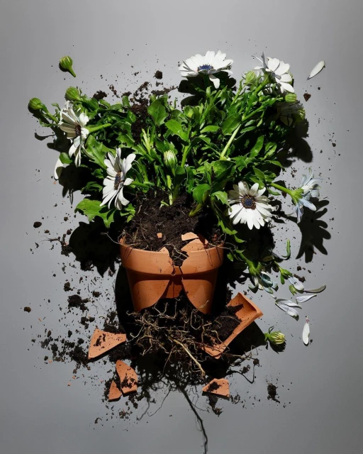 Overhead shot of a broken terracotta pot with soil and white daisy flowers scattered on a grey surface, creating a still life.