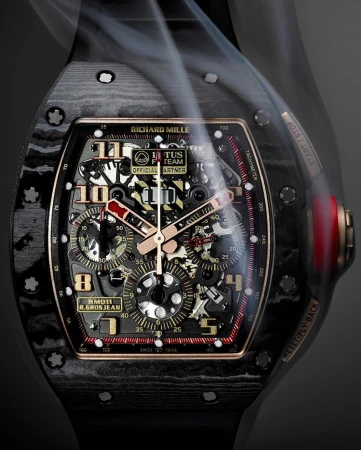 Luxury carbon fiber Richard Mille RM011 R. Grosjean wristwatch close-up, featuring an intricate skeleton dial, red accents, and smoke overlay.