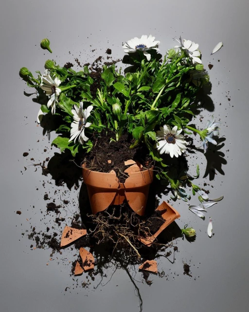 Broken terracotta flower pot with white daisies and soil scattered on a gray surface. Studio photography showing plant decomposition.