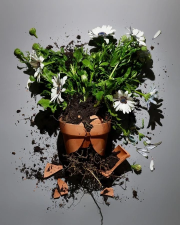 Broken terracotta flower pot with white daisies and soil scattered on a gray surface. Studio photography showing plant decomposition.