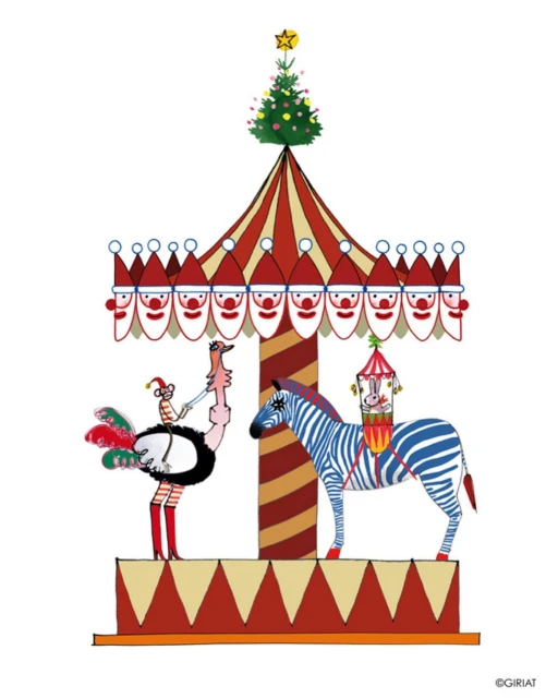 Whimsical carousel illustration with an ostrich wearing a clown riding, a zebra, a Christmas tree, and a Santa Claus figure border.