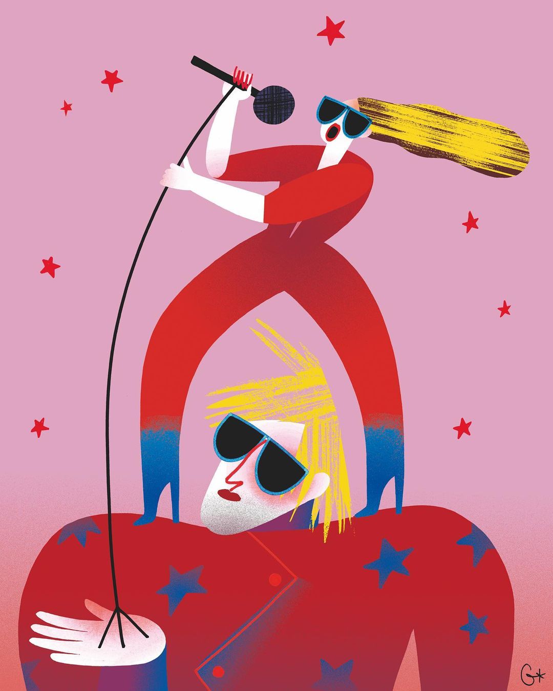 Vibrant vector art showcasing a female singer in red standing atop a male figure with stars, against a light pink backdrop.