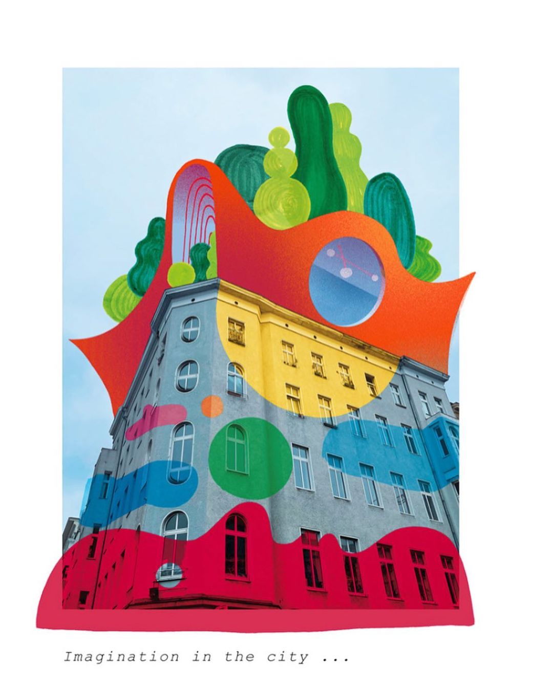 Artistic rendering of a colorful building with a geometric overlay, set against a light blue sky and a white background, creating a vibrant scene.