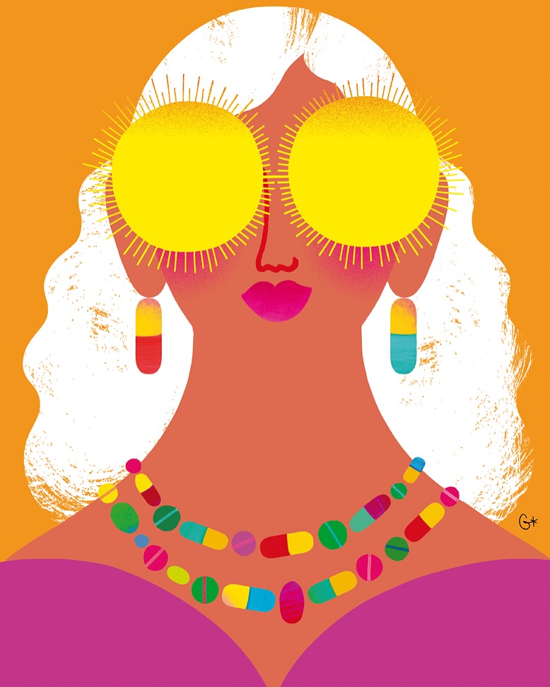 Digital art illustration of an adult female figure with white hair, orange skin, wearing yellow sunglasses and a colorful necklace.