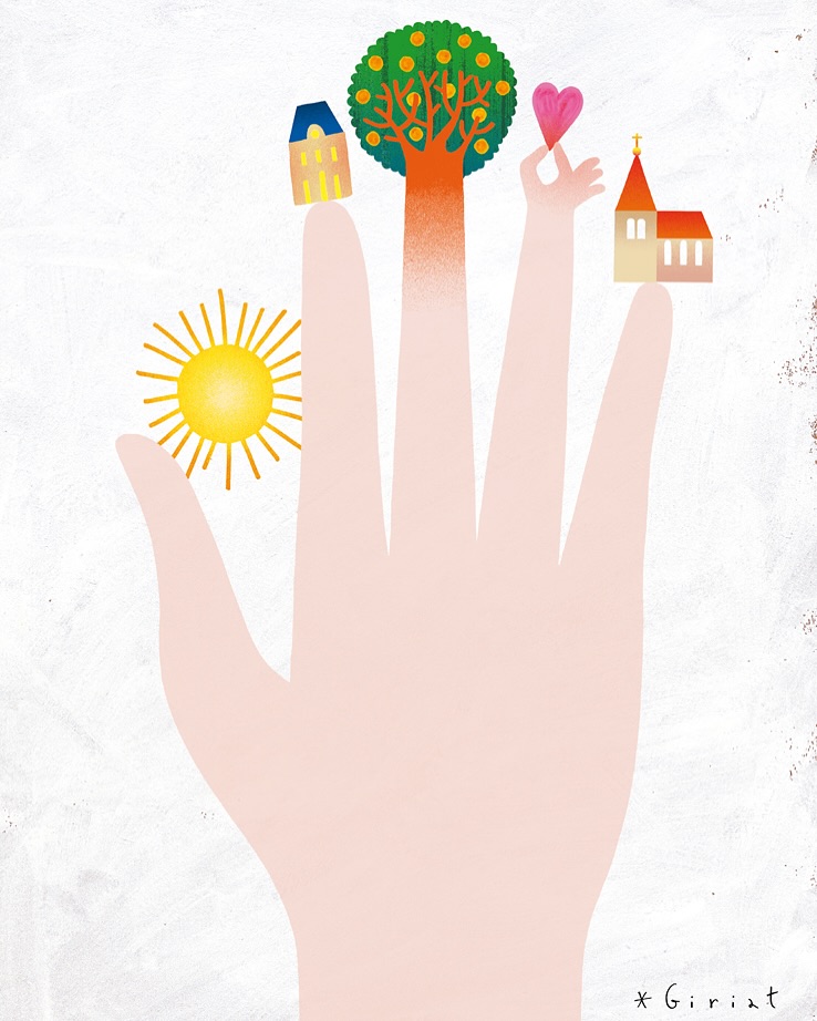 Illustration of a human hand with a sun, house, tree, heart, and church on the fingertips against a white background.