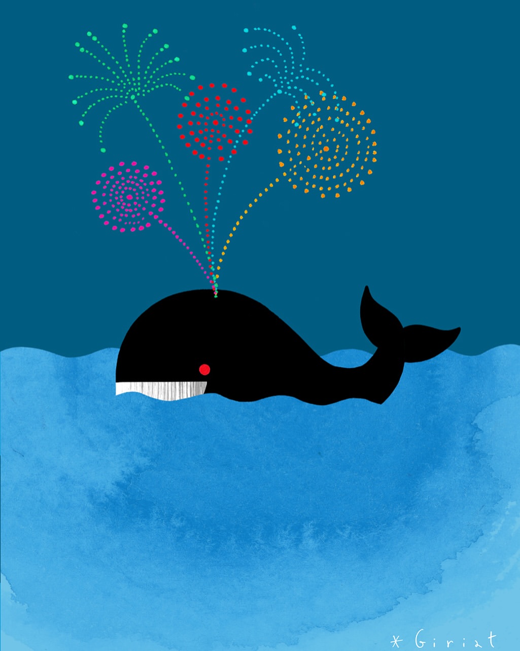 Illustration of a black whale in blue water with colorful firework-like water spouts on a dark blue background, art.