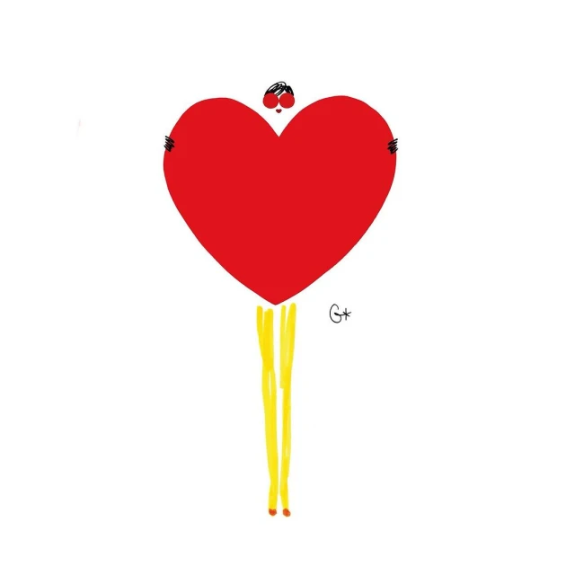 Illustration of a whimsical figure holding a large red heart with yellow legs against a white background, in a playful cartoon style.