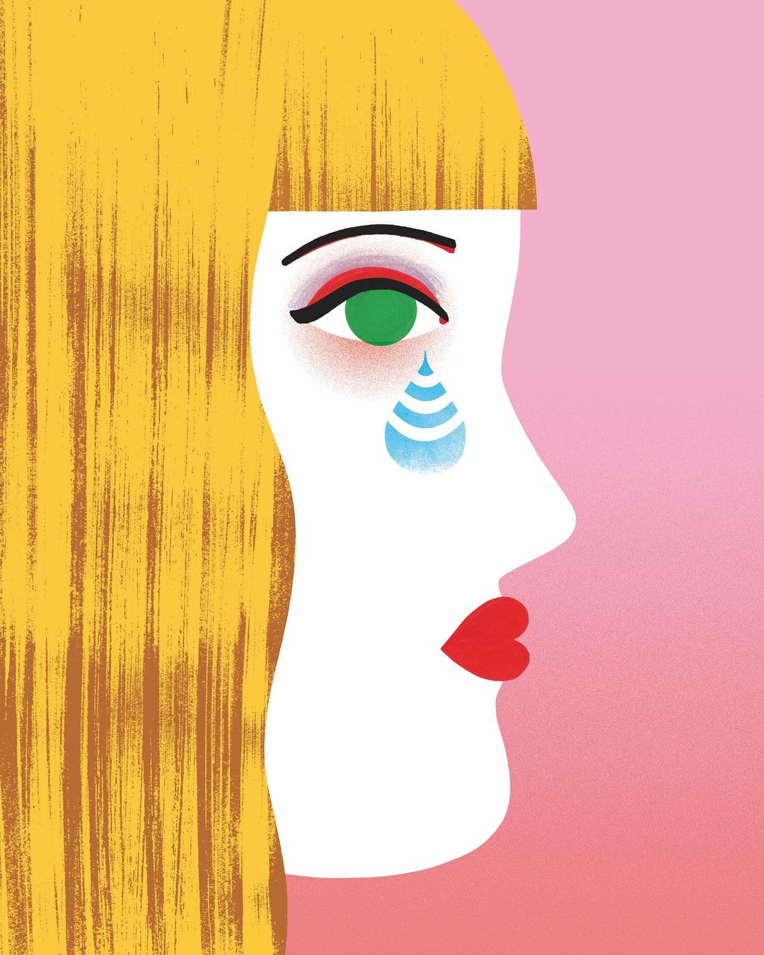 Illustration of a blonde woman's face in profile with a stylized tear and red lipstick against a pink and white gradient background.