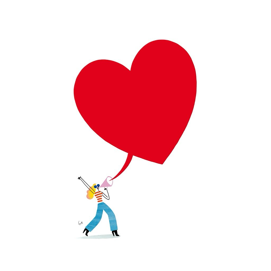 Whimsical vector illustration of a woman with blond hair shouting through a megaphone to inflate a large red heart balloon.
