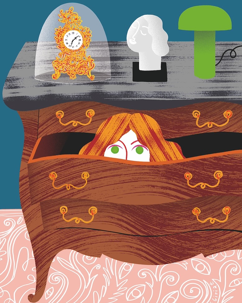 Illustration of a woman with auburn hair peering out of a dresser drawer with a clock and bust on top, set on a pink patterned floor.