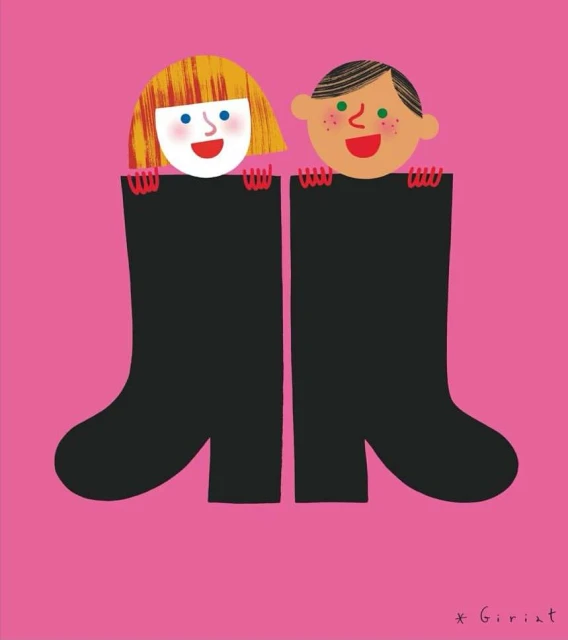 Illustration of two children, a girl and a boy, peering out from behind a pair of large, black boots on a pink background.