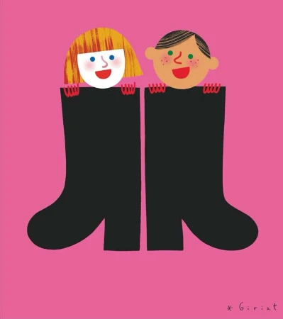Illustration of two children, a girl and a boy, peering out from behind a pair of large, black boots on a pink background.