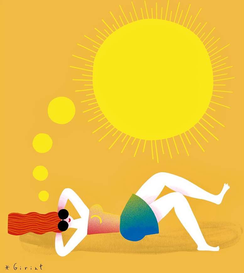 Illustration of a woman sunbathing with sunglasses on a beach, under a large yellow sun in a minimalist, cartoon style.