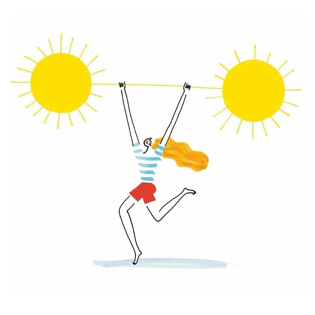 Whimsical digital illustration of a woman playfully lifting two suns like weights, rendered in a light, airy style against a white background.