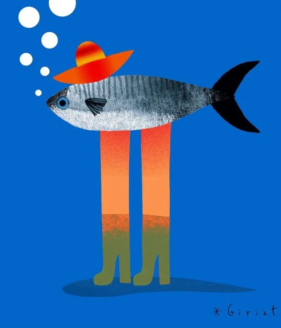 Digital art illustration of a fish wearing a sombrero with two long legs and green high heels against a blue background.