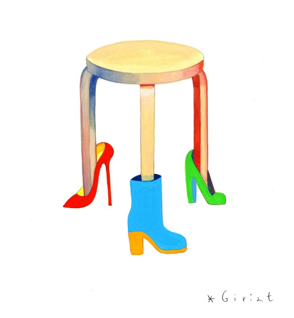 Whimsical artwork with a stool supported by red high heels, a blue boot, and a green high heel against a stark white backdrop.
