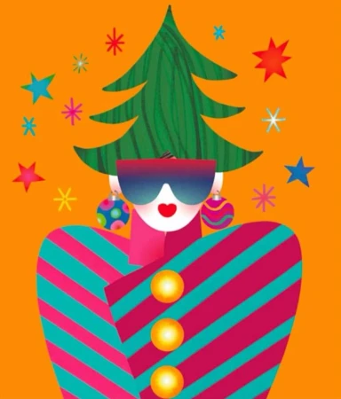 Colorful graphic illustration of a woman with Christmas tree hair, sunglasses, bauble earrings, and a striped pink and green top against orange background.
