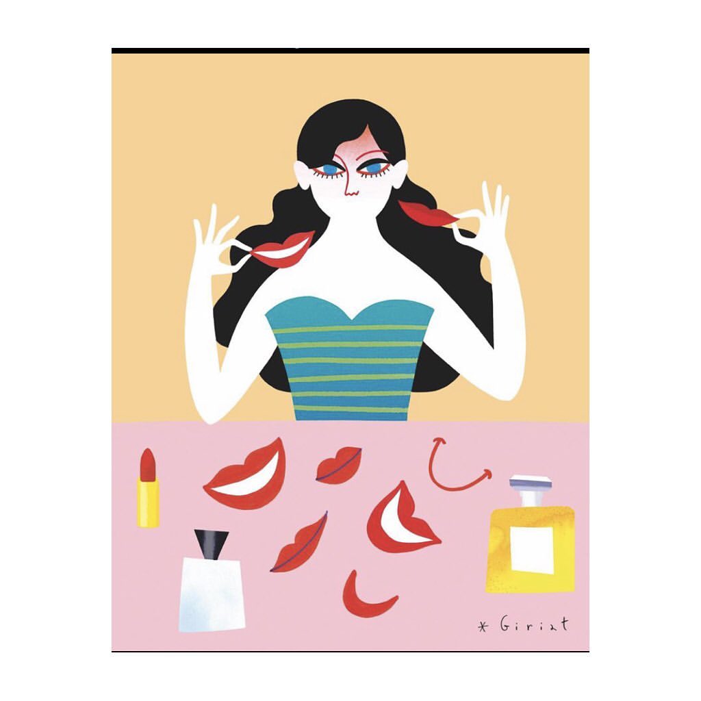Illustration of a woman with dark hair applying red lipstick, surrounded by makeup and perfume on a pink surface against a peach backdrop.