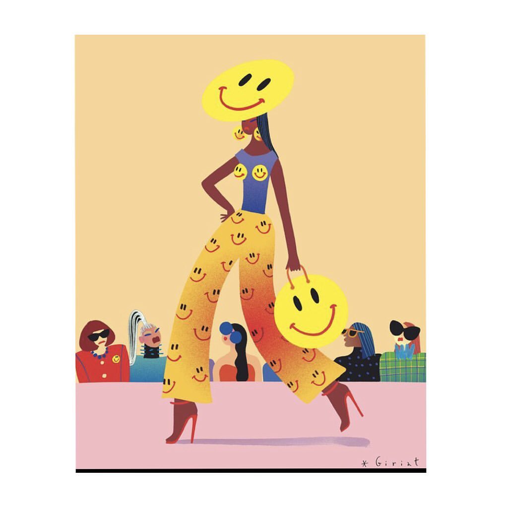 Illustration of a woman in yellow pants with smiley faces, a matching purse and hat, and red high heels walking in a colorful scene.