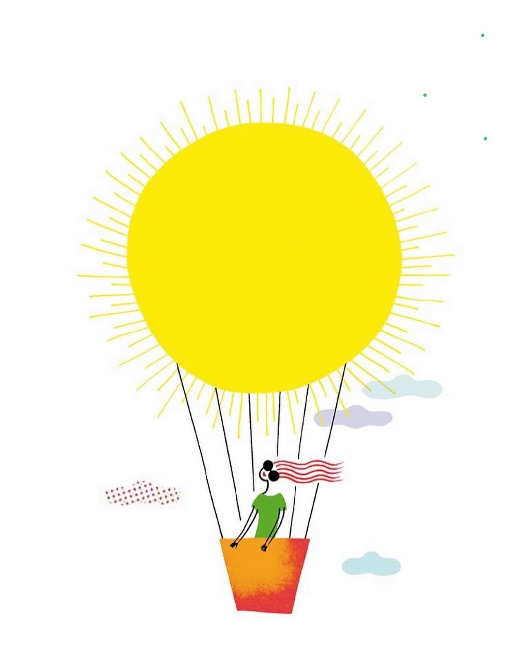 Illustration of a woman in a hot air balloon shaped like the sun, with pink hair, white background, and few clouds.
