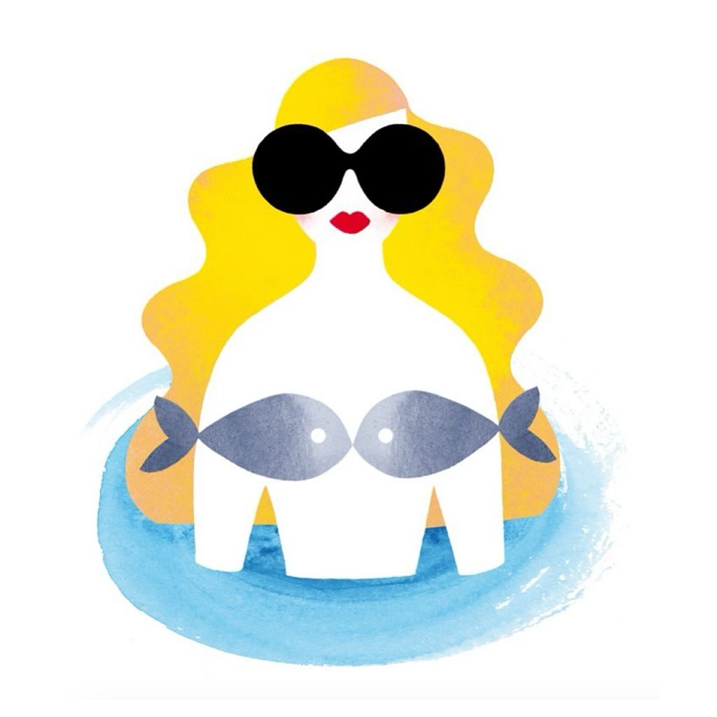 Stylized vector art of a woman with blonde hair and sunglasses, wearing a bra made of fish, in a blue, watercolor-style pool.