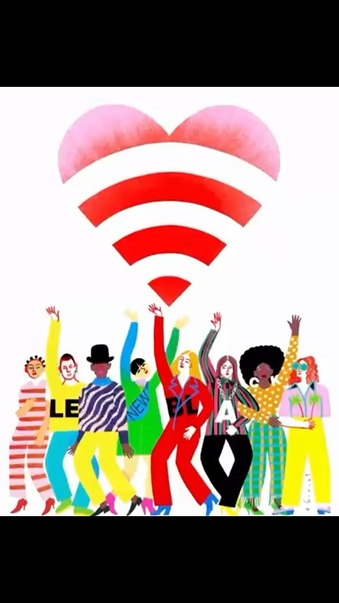 Illustration of a group of diverse people with raised hands under a red and white heart-shaped WiFi signal, colourful illustration style.