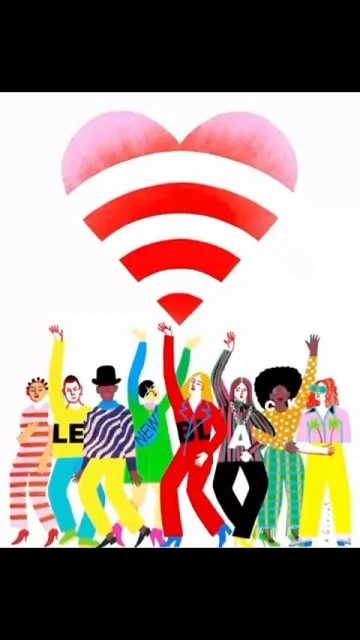 Illustration of a group of diverse people with raised hands under a red and white heart-shaped WiFi signal, colourful illustration style.